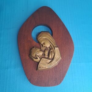 Wooden Plaque with Gold Madonna and Child, Signed BUYER